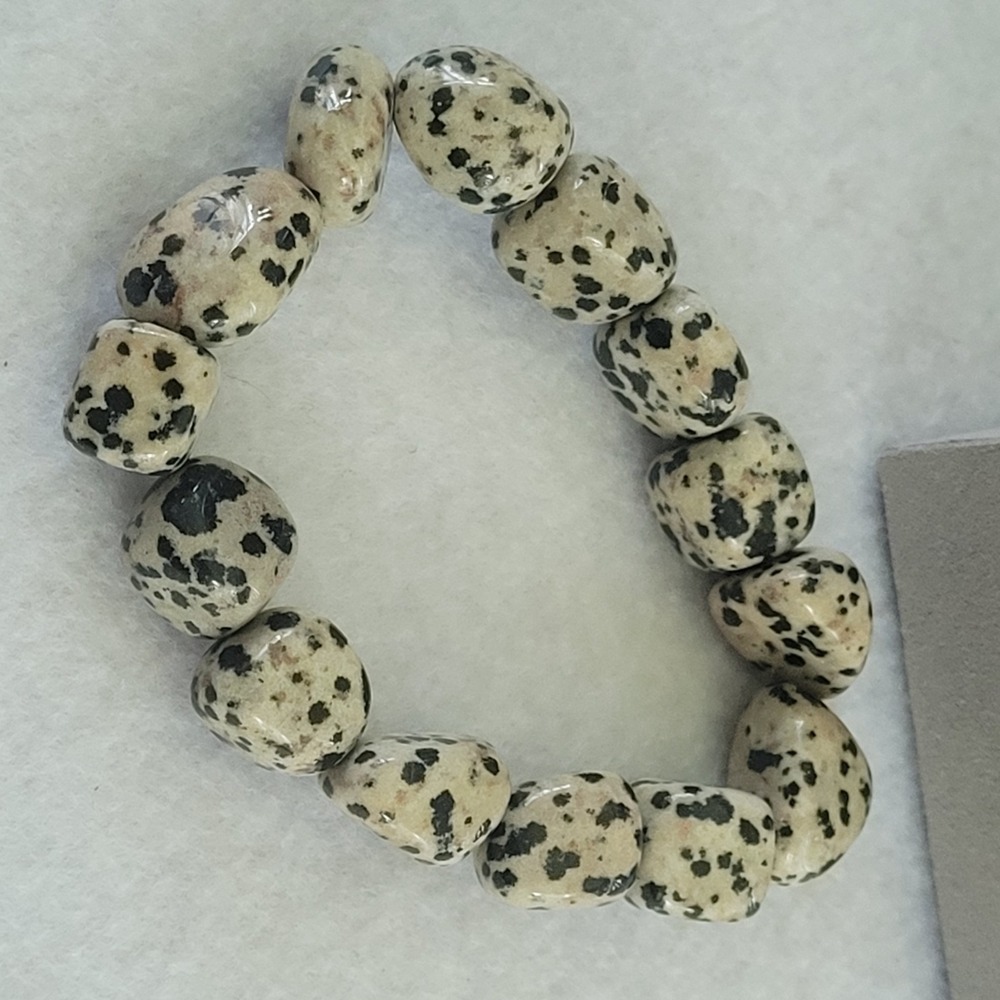 Dalmatian Jasper Stretch Bracelet Natural Stone Nugget Beads Black Cream Spotted